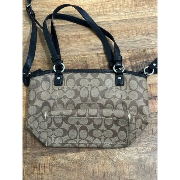 Coach Peyton Signature Zip Tote Coated Canvas Bag Beige Khaki Brown Adjust Spots - Picture 7 of 12